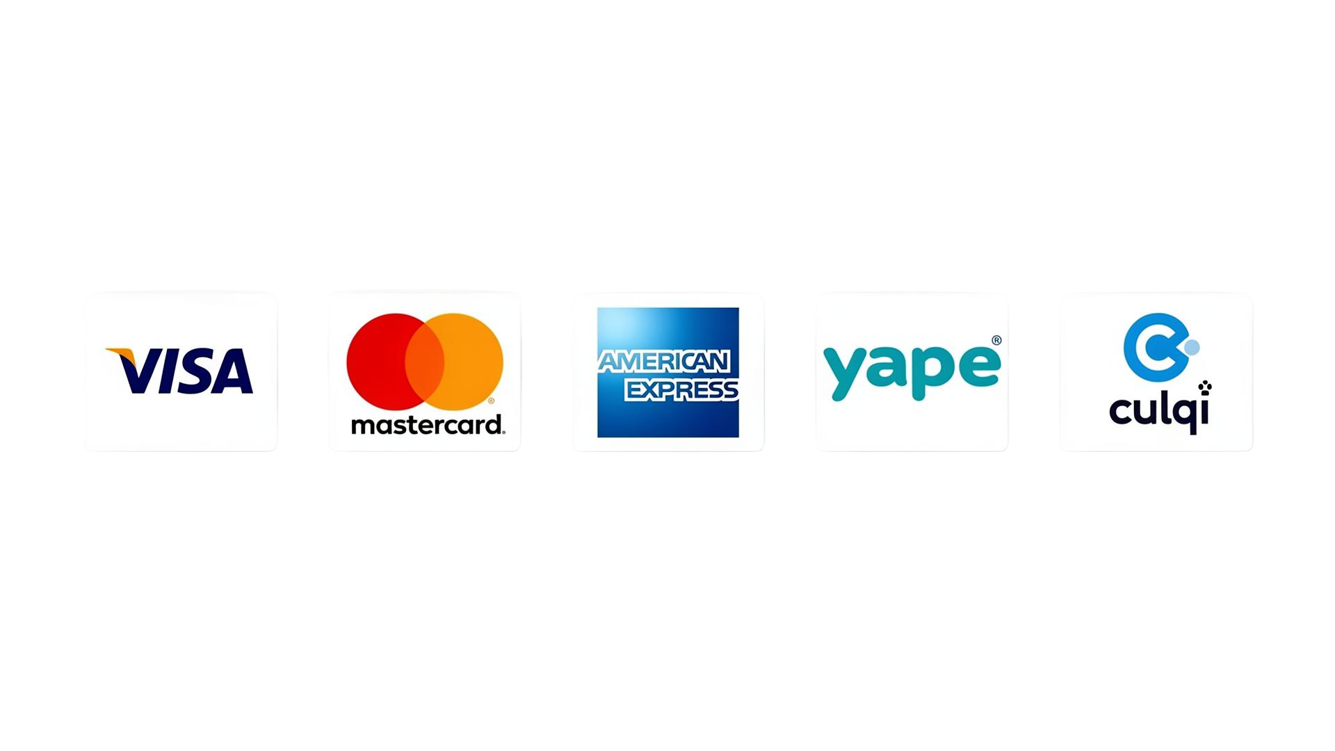 Visa, Mastercard, American Express, Yape y Culqi